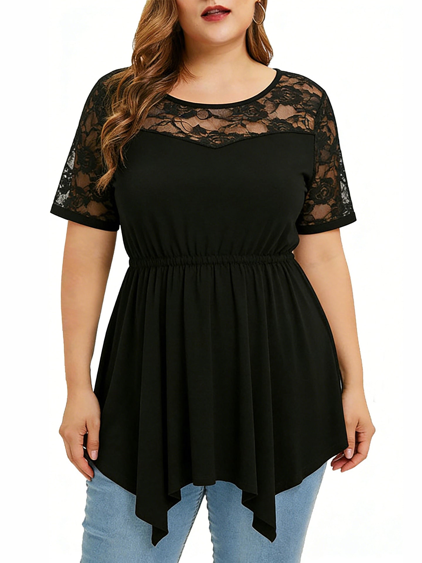 Lace Short-sleeve Top With Elastic Hem, Sheer Fabric, And A Round Neckline