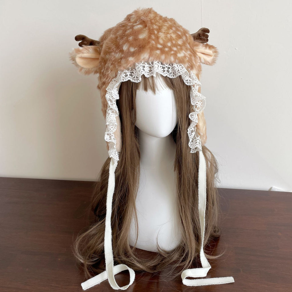 Plush Simulation Cute Lace Elk Thickened Hat Women