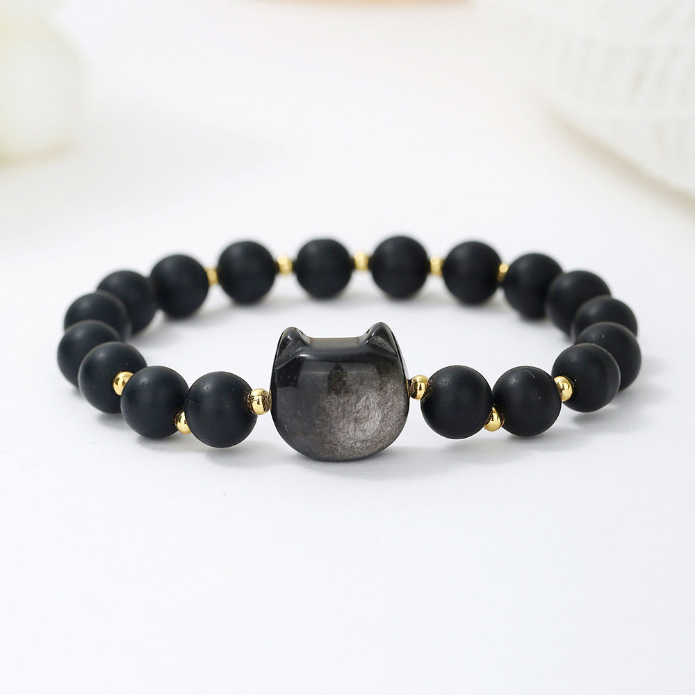 Natural Stone Cat Head Bracelet Gray Moonlight
