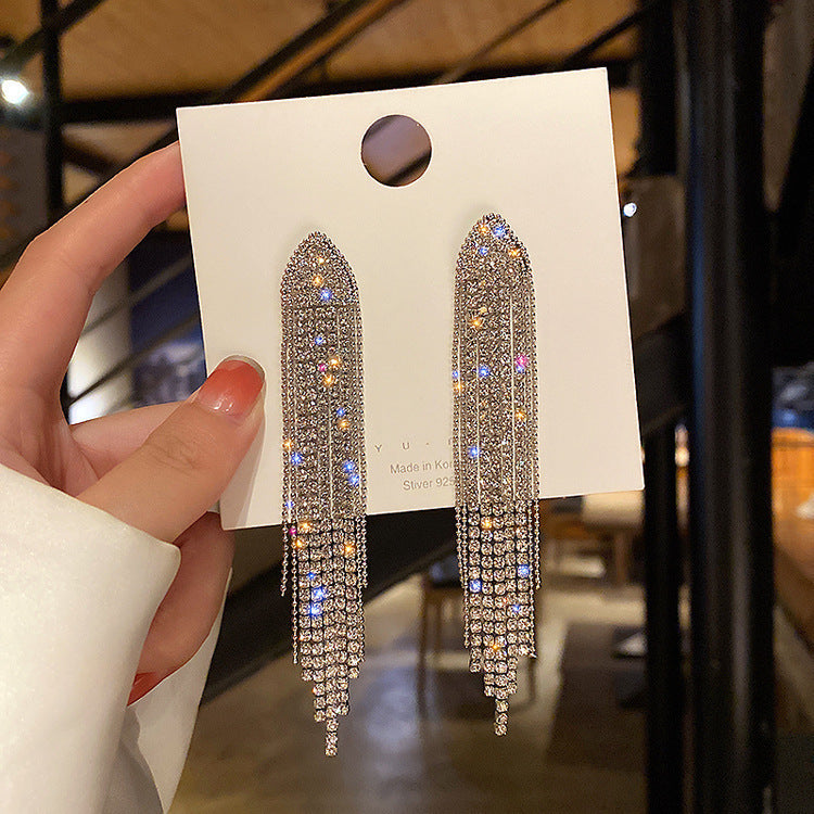 Sterling Silver Needle Light Luxury Tassel Earrings Banquet Style High-grade Long Earrings