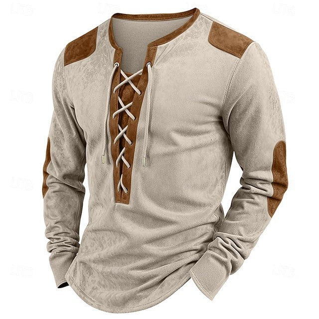 Stitching Henry Long Sleeve Drawstring Men's T-shirt