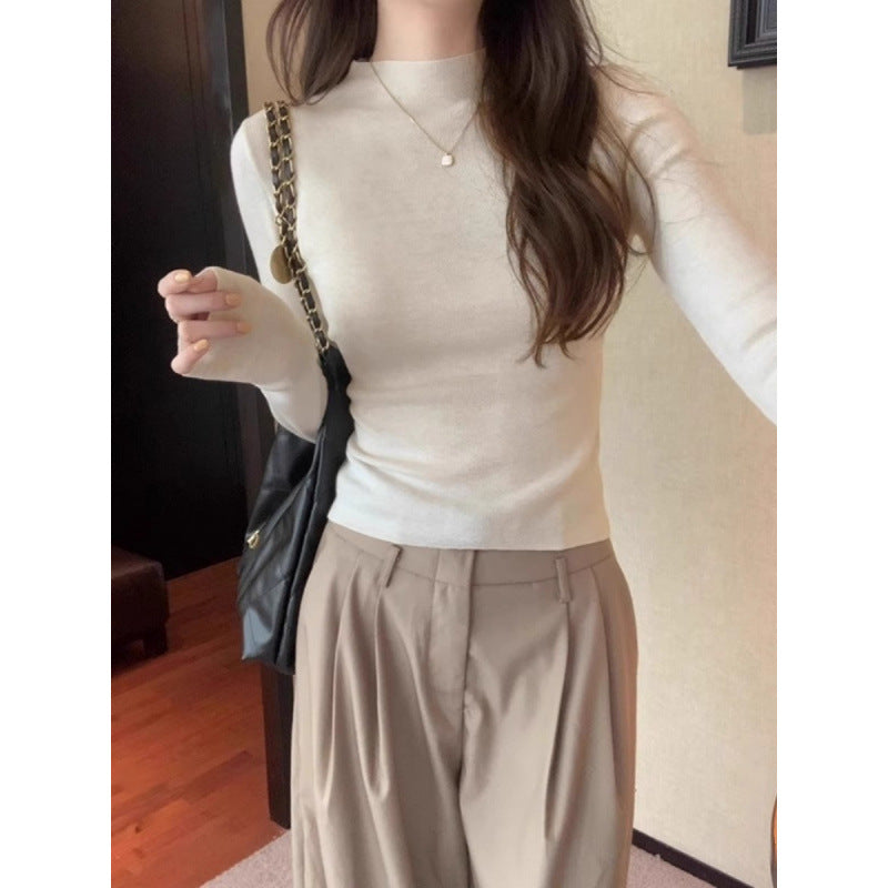 White Stand Collar Half Turtleneck Long-sleeve Knitted Undershirt