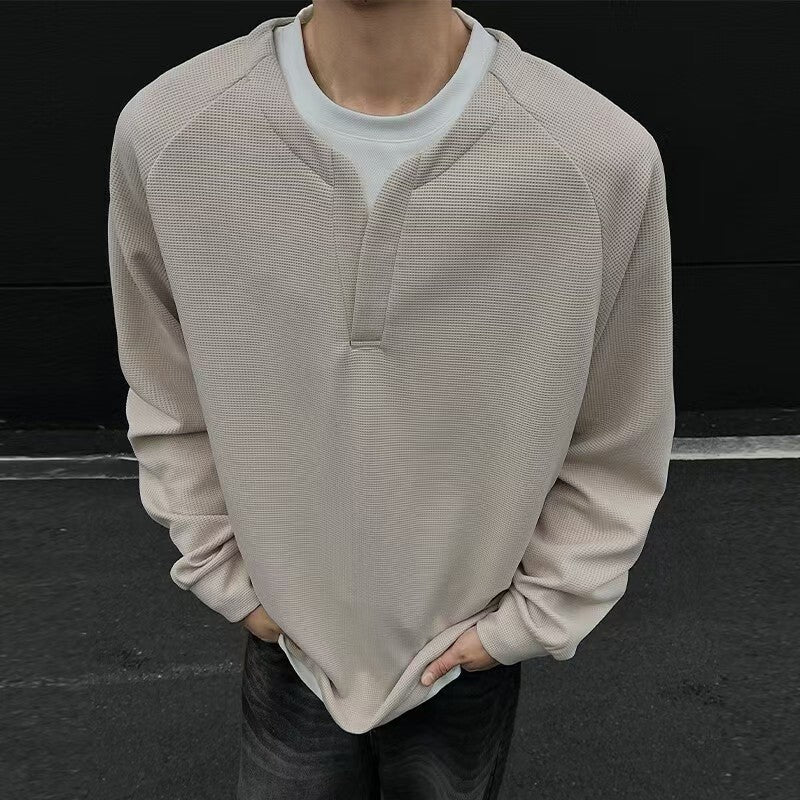 Contrast Colors False-two-piece Trendy V-neck Waffle Sweater Casual All-matching Tops