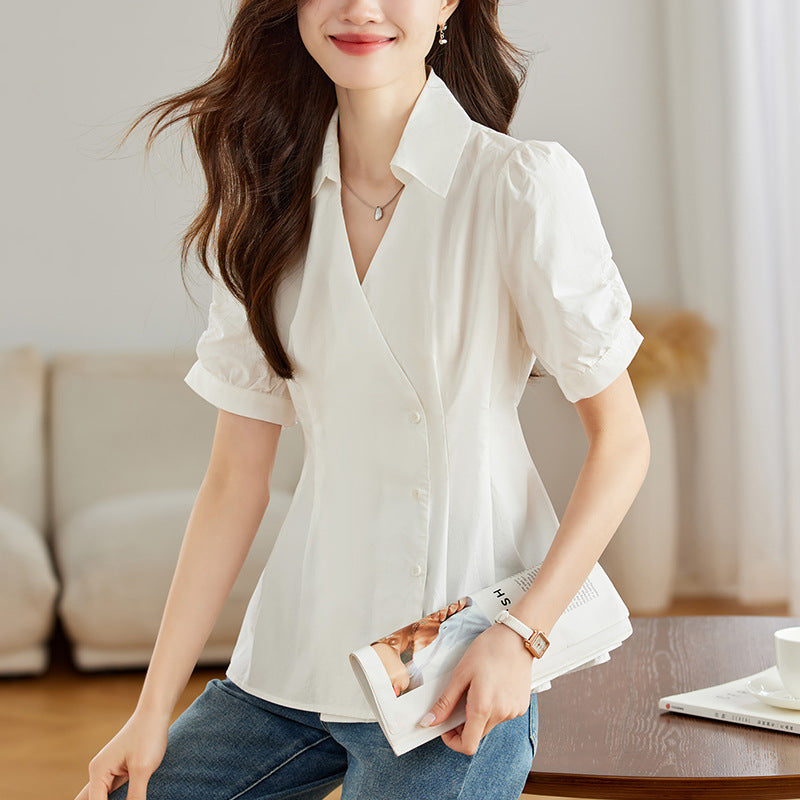 Women's Notched Collar Slim-fit Short-sleeve Shirt