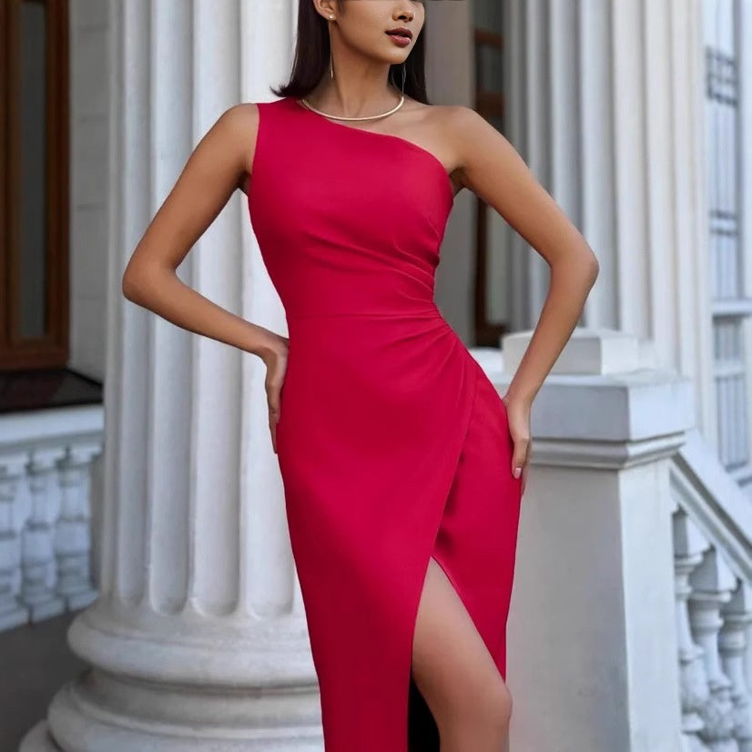 Elegant Sexy Slim-fit Shoulder Slit Satin Dress For Women