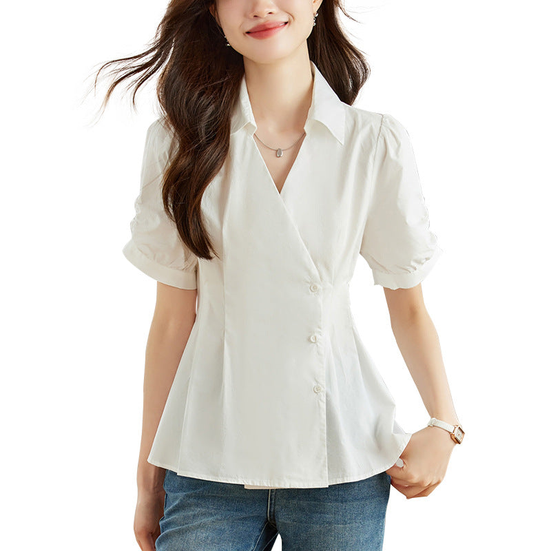 Women's Notched Collar Slim-fit Short-sleeve Shirt