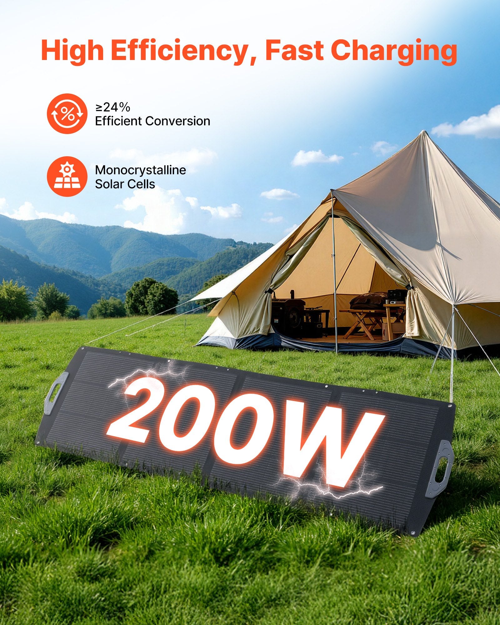 200W Foldable Solar Panel, 24% High-Efficiency Portable Monocrystalline Solar Panel Charger With MC4 Output, USB-A, Type-C & DC Ports, IP67 Waterproof For Power Stations, Camping, Hiking Trips