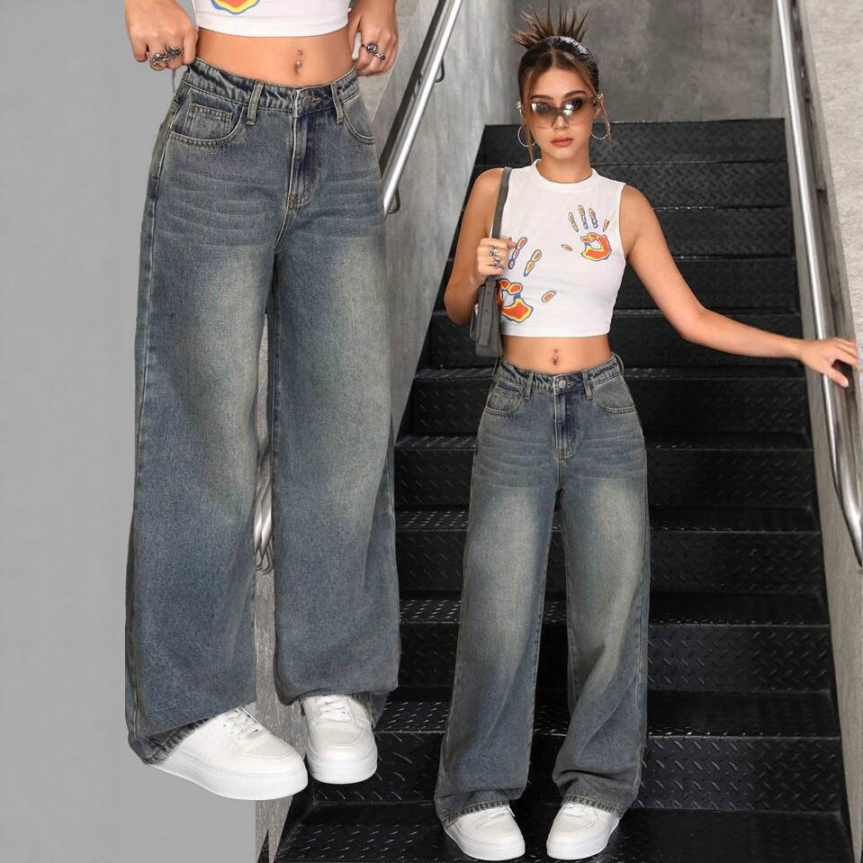 Womens Retro Washed Loose Flared Wide-Leg Jeans