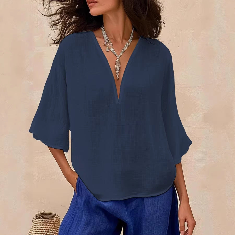 Loose Casual Solid-Colored Cotton-Linen Womens V-Neck Trendy Fashion Mid-Sleeve Top