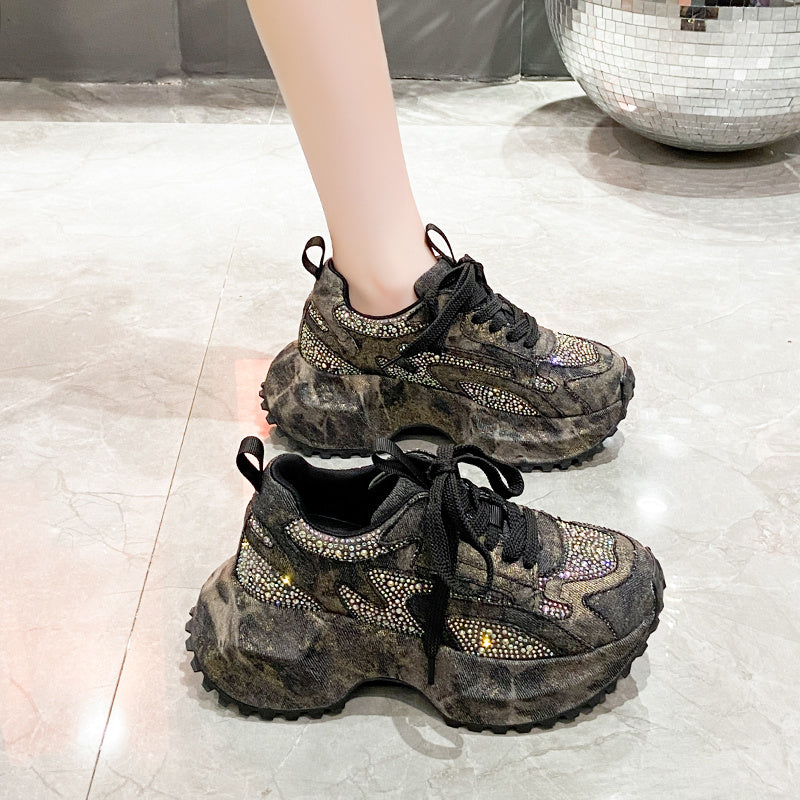 Sparkling Denim Sneakers For Women, Blue White Gradient High Top Platform Shoes With Rhinestones, Unique Fashion Thick Sole Design For Comfort