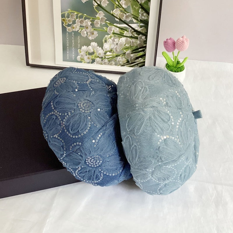 Mesh Sequins SUNFLOWER Decorative Washed Denim Octagonal Beret