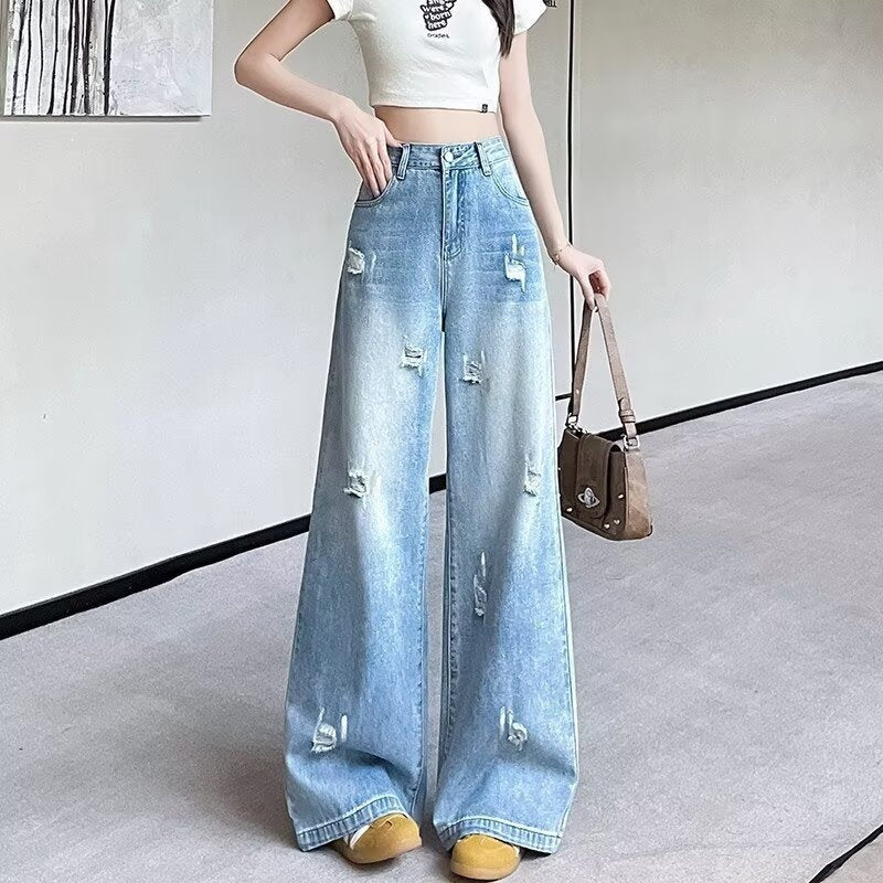 New Light-blue Distressed Wide-leg Jeans