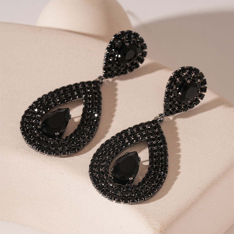 Silver Needle Black Rhimestone Flower Geometric Tassel Stud Earrings