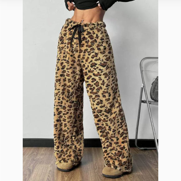 New Casual Leopard Print Lace-up Wide-leg Pants