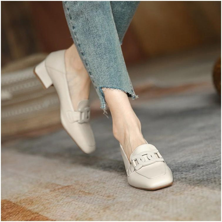 British Style Chunky Heel Pumps One Pedal Loafer Women's Mid Heel