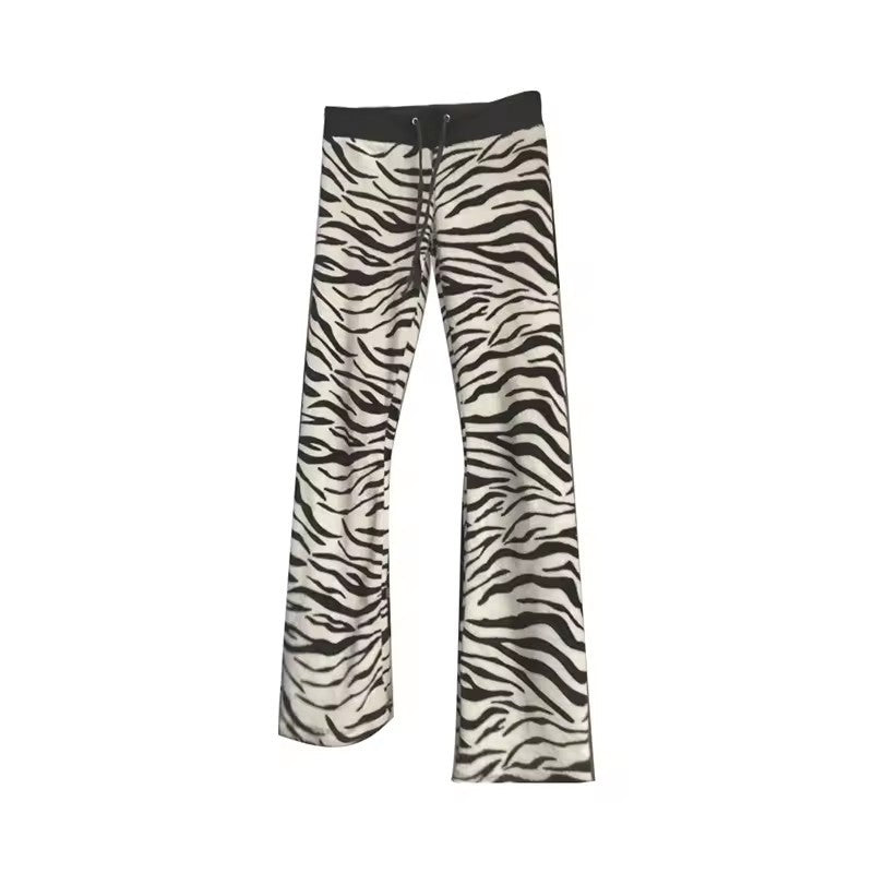 Slim-fit Striped Leopard Print Elastic Waist Drawstring Casual Trousers