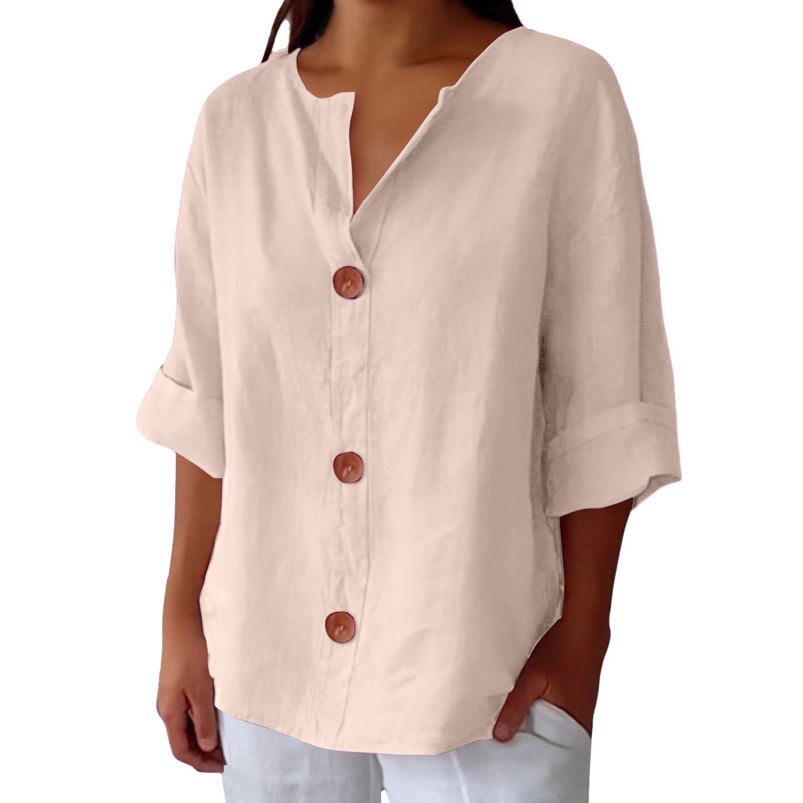 Women's V-neck cotton and linen buttoned blouse