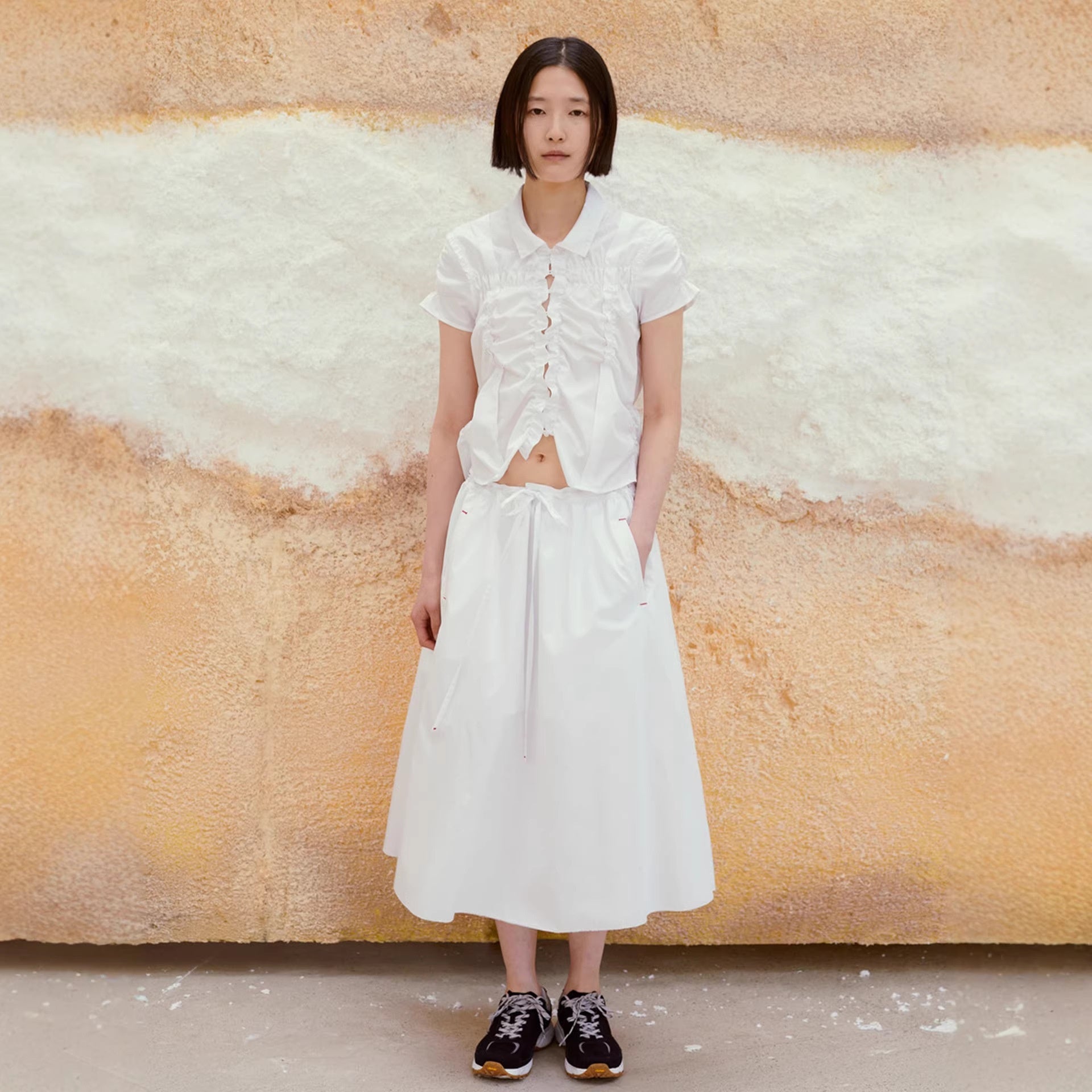 Ruffled Slim-fit Pleated Short-sleeve Top With Drawstring A-line Skirt