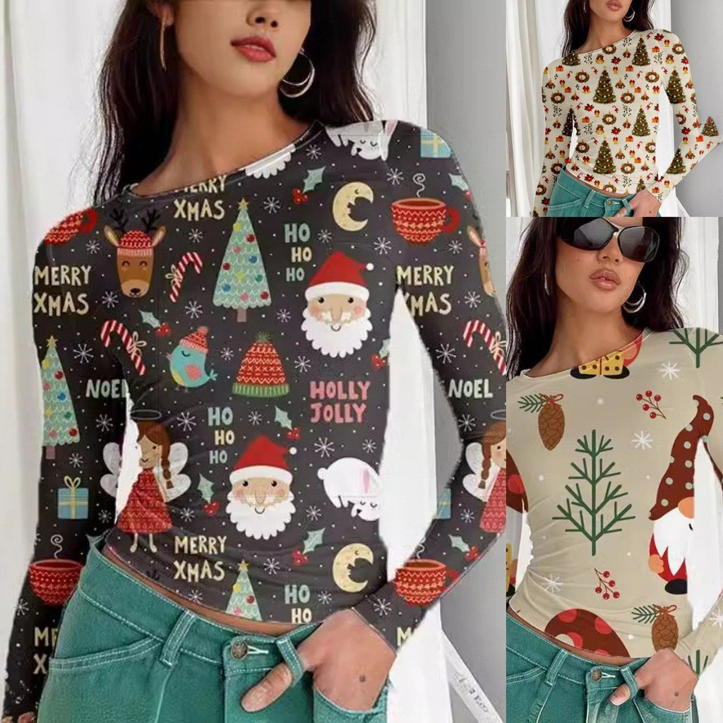 Round Neck Long Sleeve Loose Print T-shirt