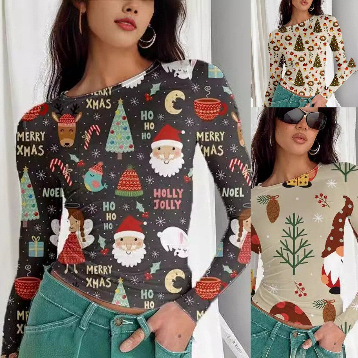 Round Neck Long Sleeve Loose Print T-shirt