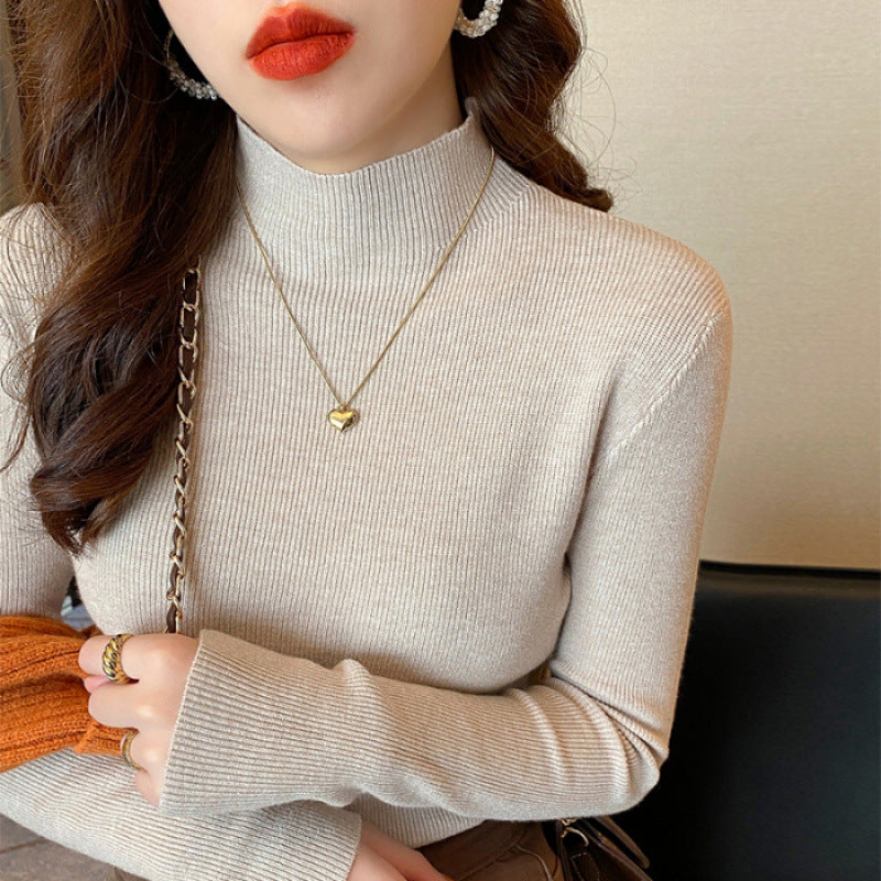 White Stand Collar Half Turtleneck Long-sleeve Knitted Undershirt