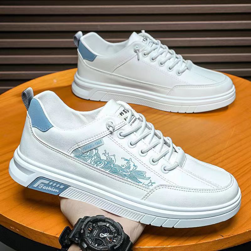 Men's Trendy All-match Low Top Casual Leather Soft Bottom White Shoes Sports Board Shoes Trendy