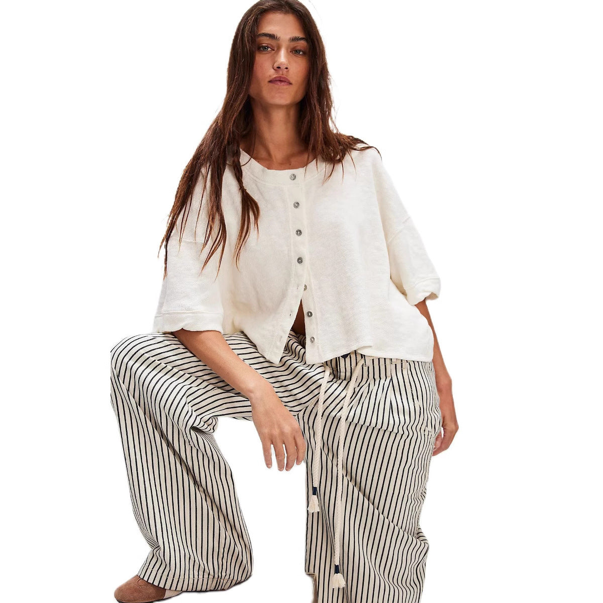 Linen Cardigan Button-up Top Three-quarter Sleeves Solid Color Womens Clothing