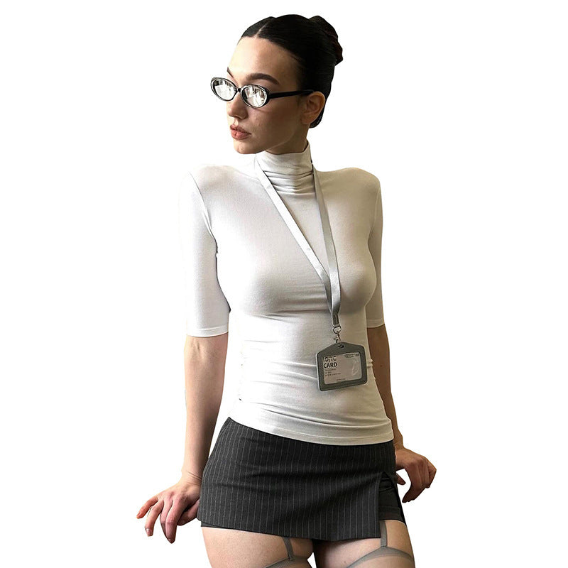 Women's Solid Color Turtleneck Half Sleeve Close-fitting And Slim-fitting Top