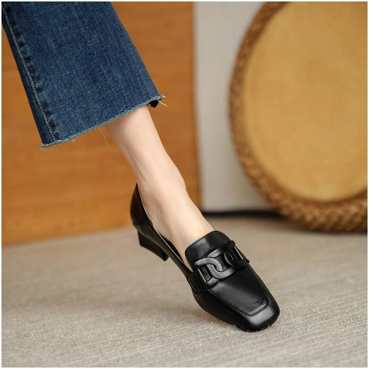 British Style Chunky Heel Pumps One Pedal Loafer Women's Mid Heel