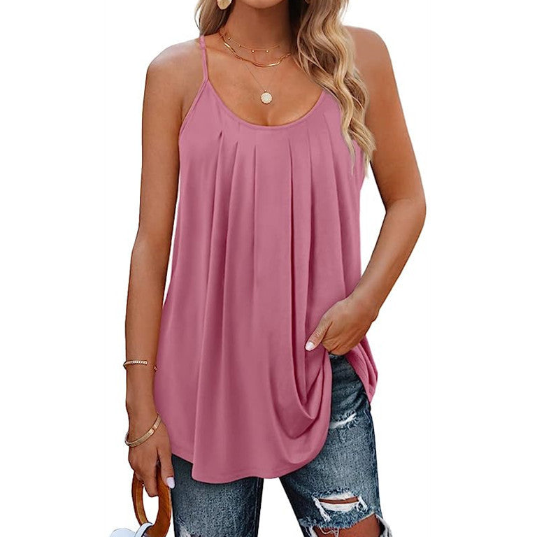 Women's Casual Summer Pleated Round Neck Keyhole Loose Top