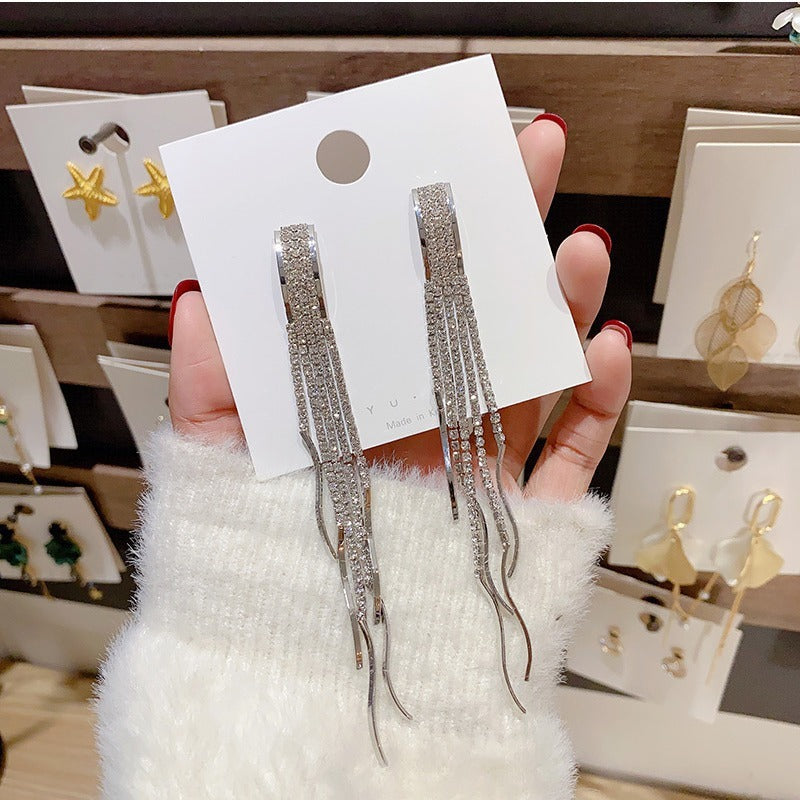 Sterling Silver Needle Light Luxury Tassel Earrings Banquet Style High-grade Long Earrings