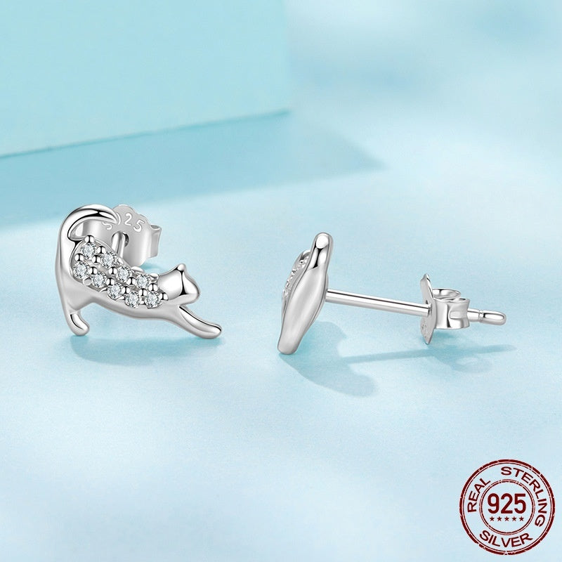 S925 Sterling Silver Cat Mini Ear Studs Cute