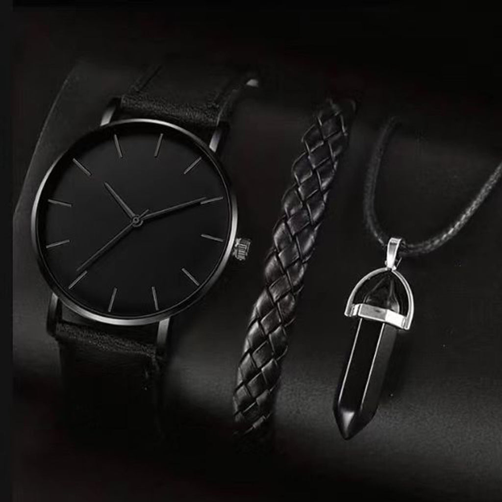 Men's Disc Watch With Rectangle And Beads Bracelet Three-piece Set