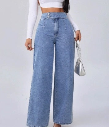 Versatile Straight-leg Loose-fit High-waisted Womens Solid-color Jeans With Double Buttons