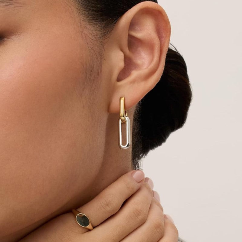 Elegant Design 14K Gold Two-tone Geometric U-shaped Earrings