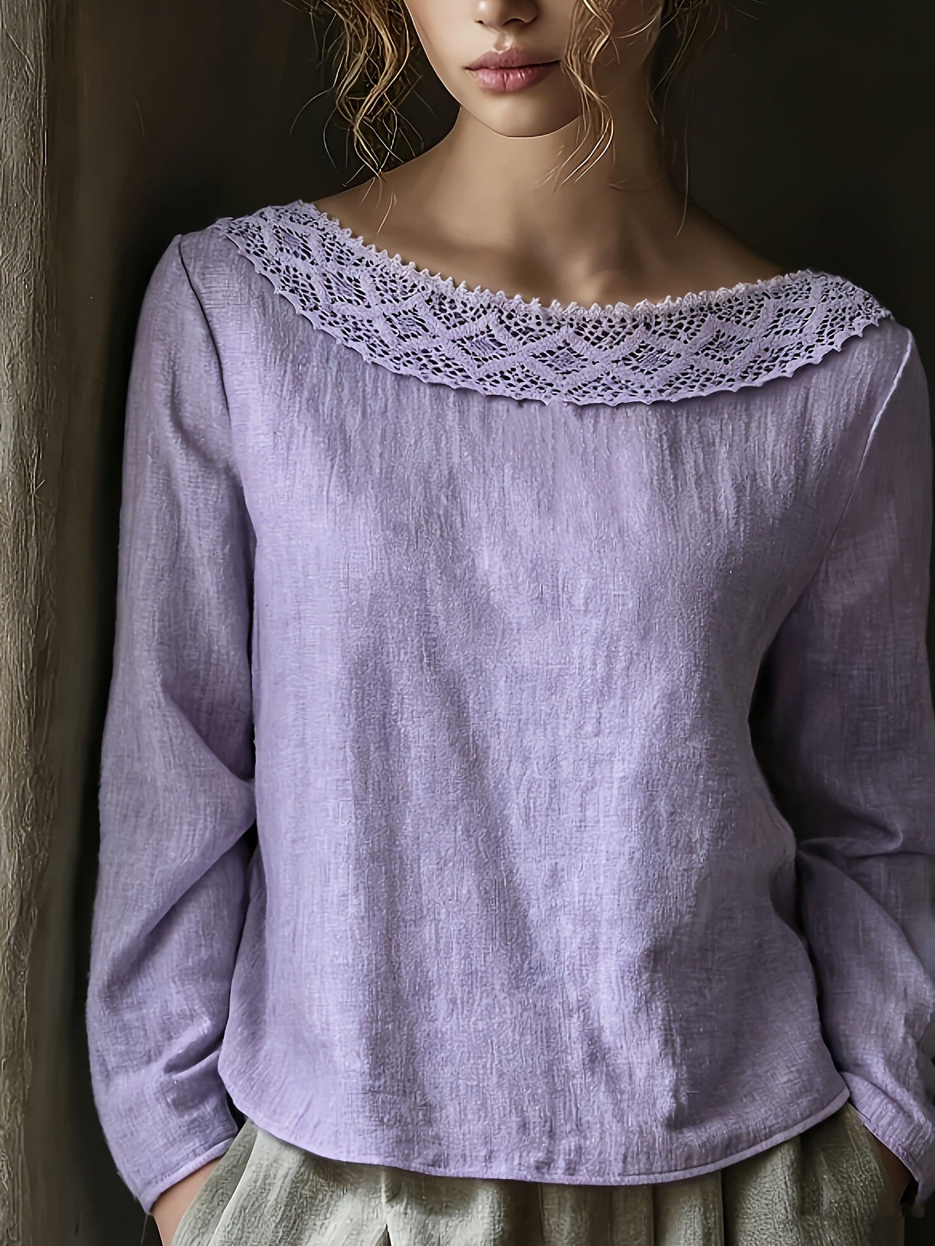 Lace-trimmed Patchwork Artistic Vintage Laid-back Style Loose Boat-neck Long-sleeve Top