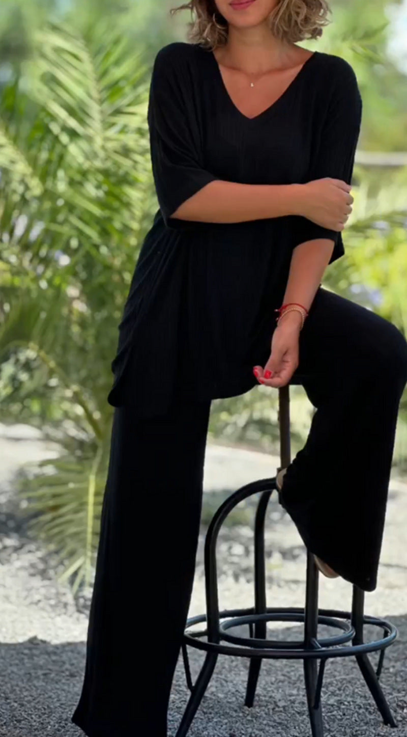 European And American Knitwear Top Two-piece Set Casual And Comfortable Baggy Straight Trousers