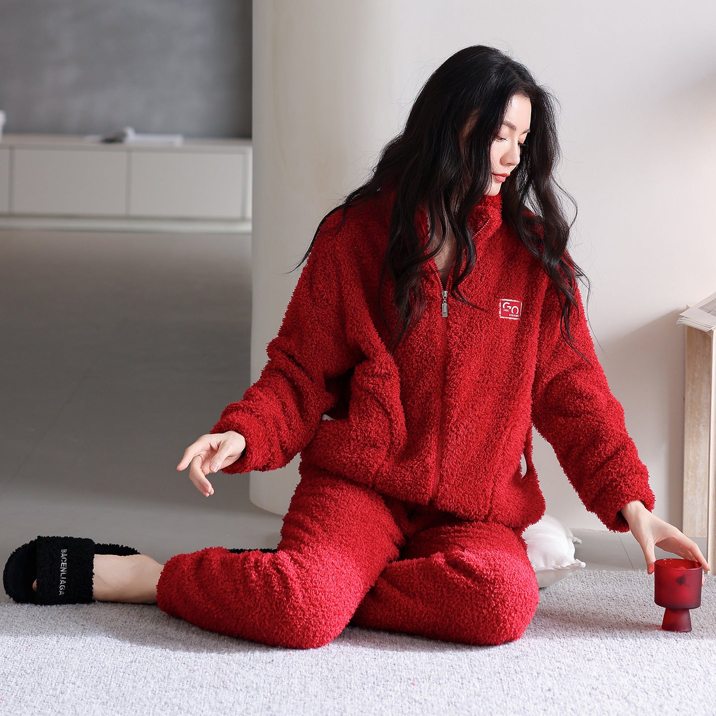 Long Sleeve Half Velvet Warm Padded Zipper Couple Pajamas