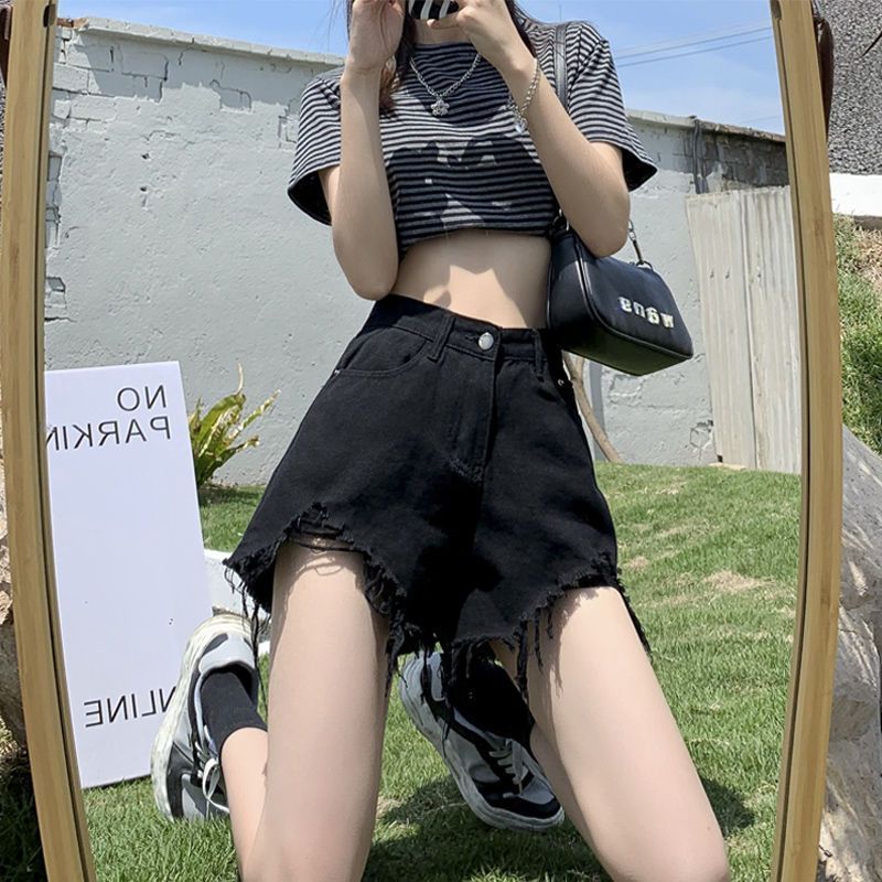 Influencer-style A-line Ripped Raw-edge Wide-leg Hot Pants