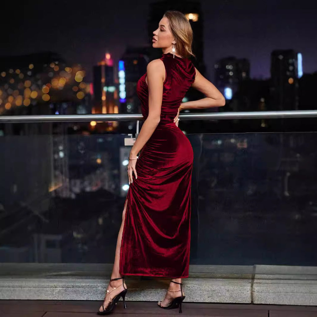 Fashionable And Craftily-designed Side Slit Slim Sheath Sexy Velvet Dress