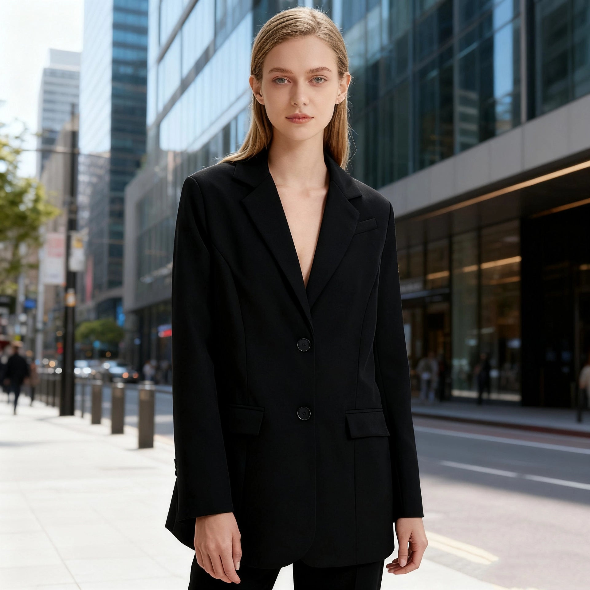 Autumn Winter Womens Versatile Single-Breasted V-Neck Long-Sleeve Blazer