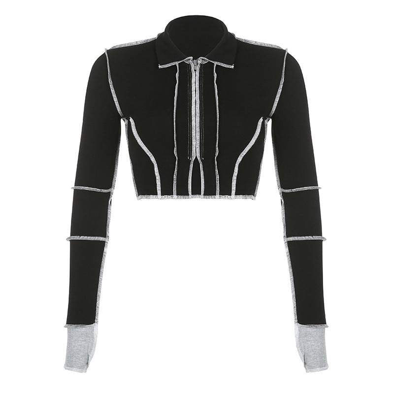 Contrast Stitching Double Zipper Long Sleeve Coat
