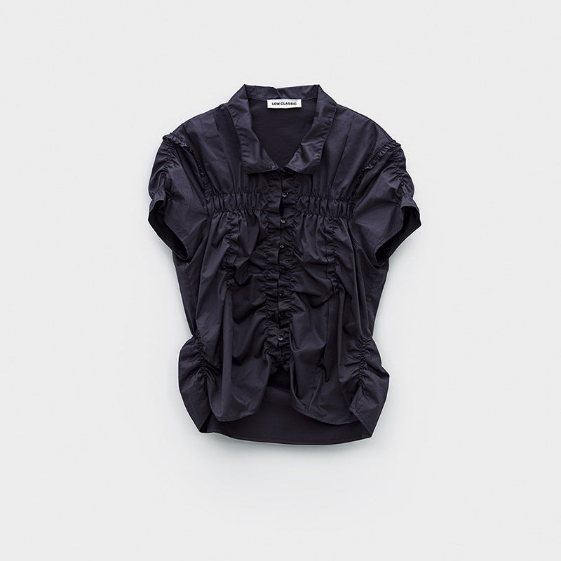 Ruffled Slim-fit Pleated Short-sleeve Top With Drawstring A-line Skirt