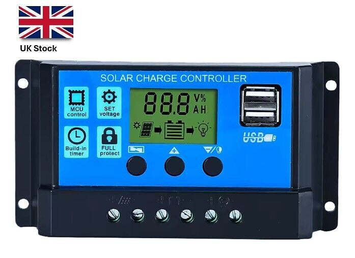 30A PWM Solar Panel Regulator Battery Charge Controller LCD Dual USB 12V 24V UK