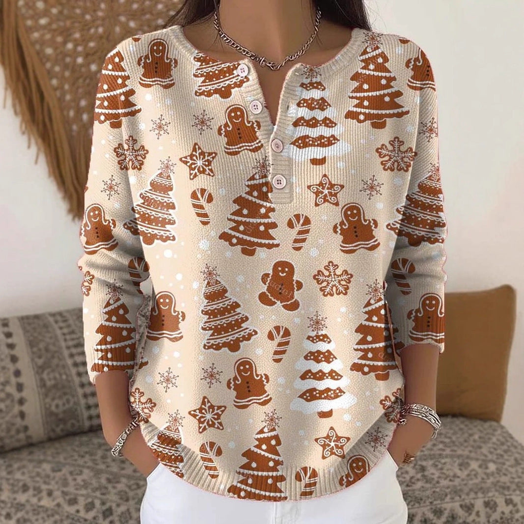 Digital-printed Large Wide-button Brushed Long-sleeve Shirt