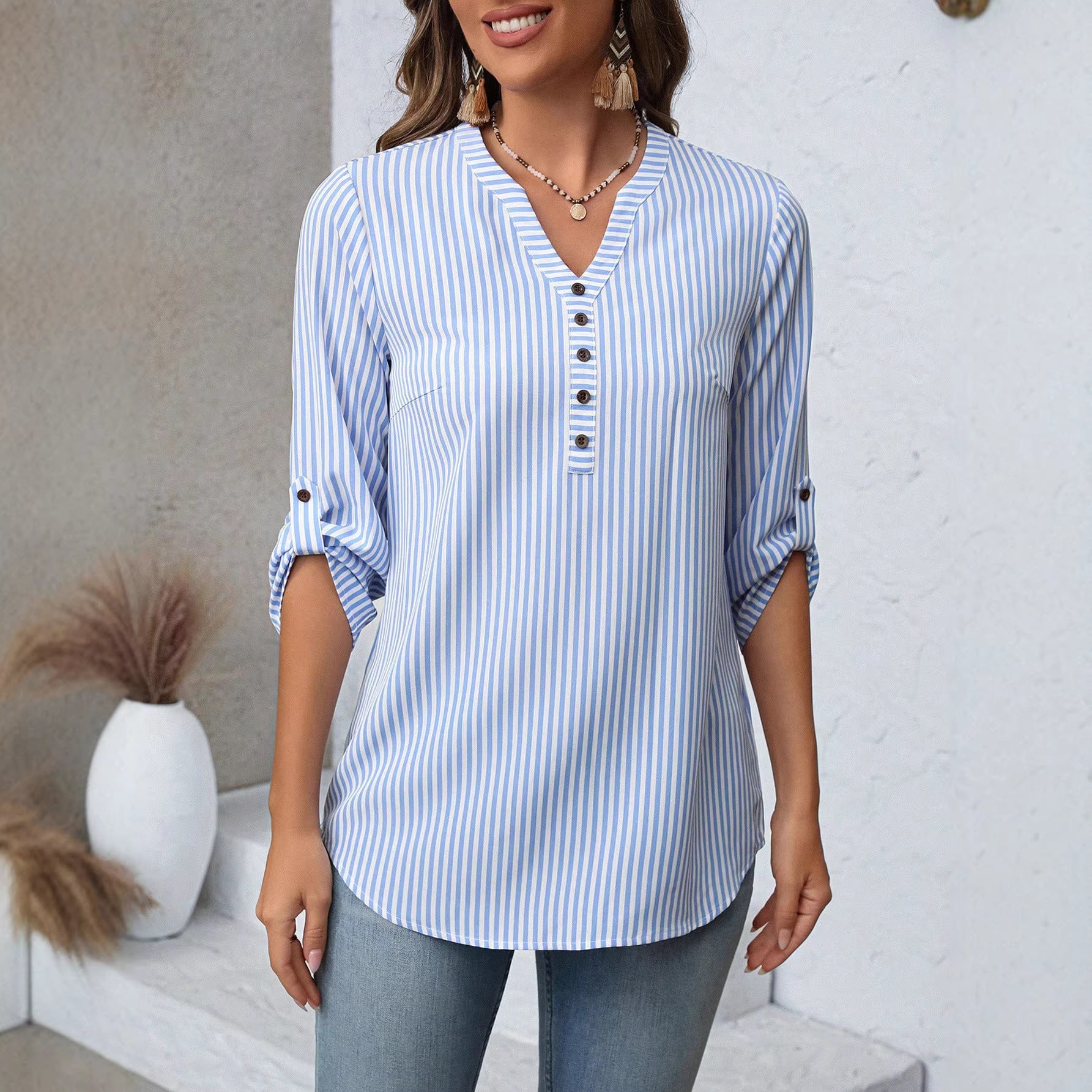 Three-quarter Sleeve Striped Versatile Stylish Top