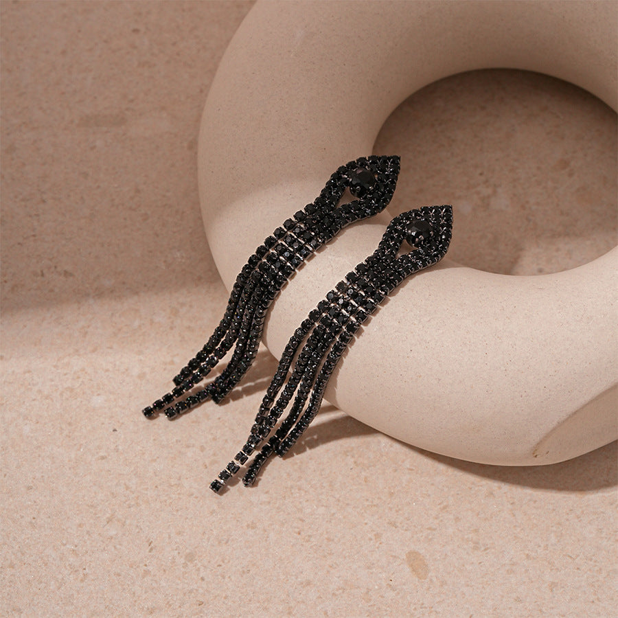 Silver Needle Black Rhimestone Flower Geometric Tassel Stud Earrings