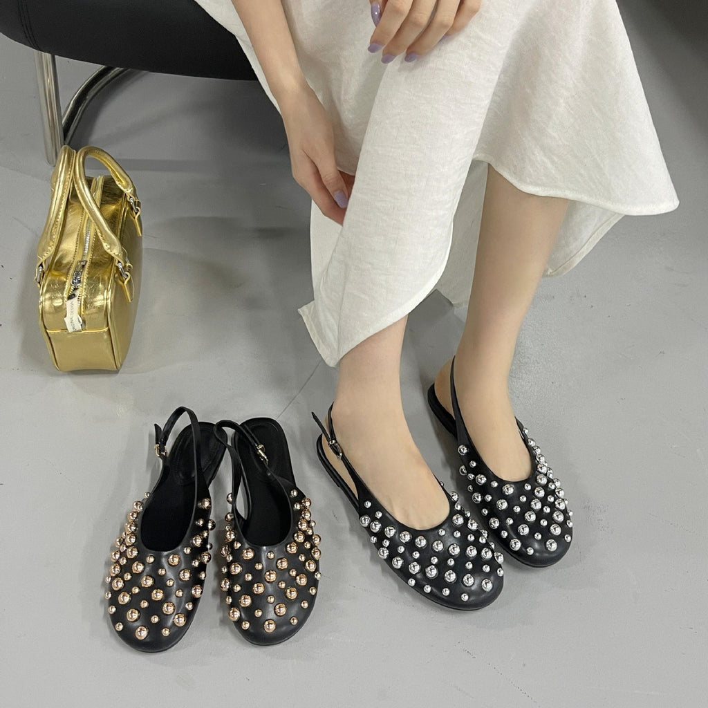 Flat Toe Box Rivet Button Women's Sandals