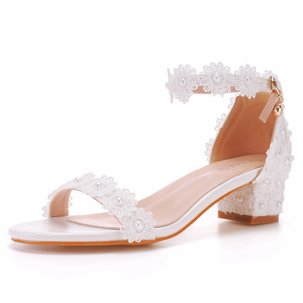 Shallow Mouth With Beads Square Heel Sandals