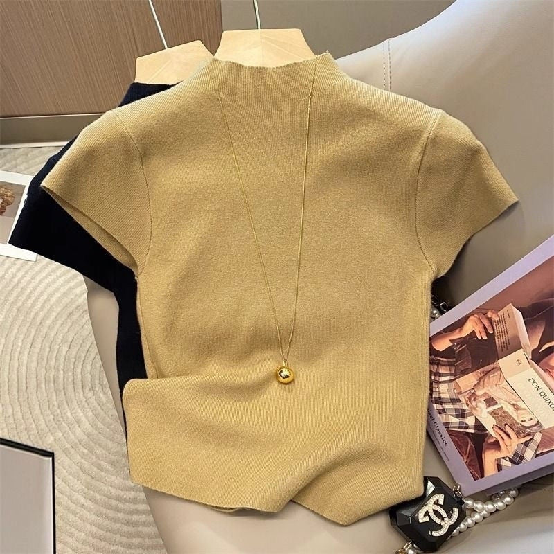 Dopamine Hot Girl Black Mock-neck Shoulder Short Sleeve Shirt Female Summer